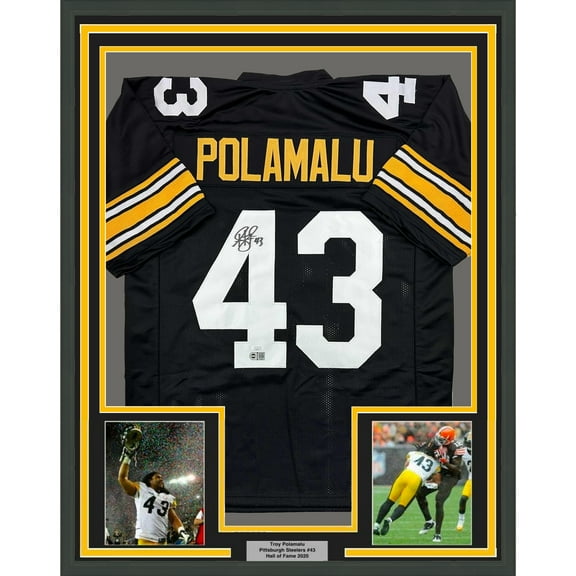 Framed Autographed/Signed Troy Polamalu 35x39 Pittsburgh Retro Black Football Jersey JSA COA
