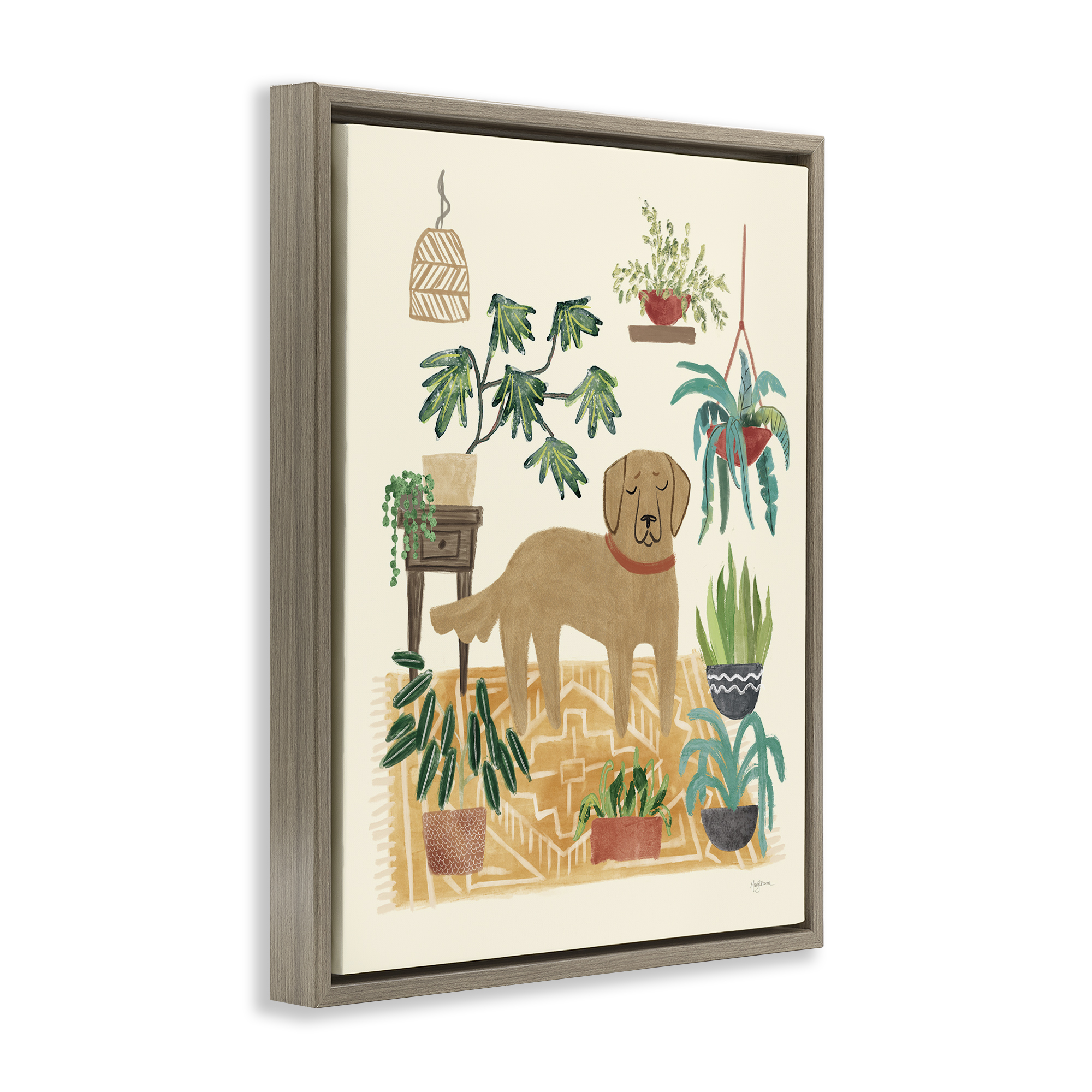 Stupell Industries Labrador with House Plants Animals & Insects Painting Brown Floater Framed Canvas Art Print Wall Art, 25 x 31
