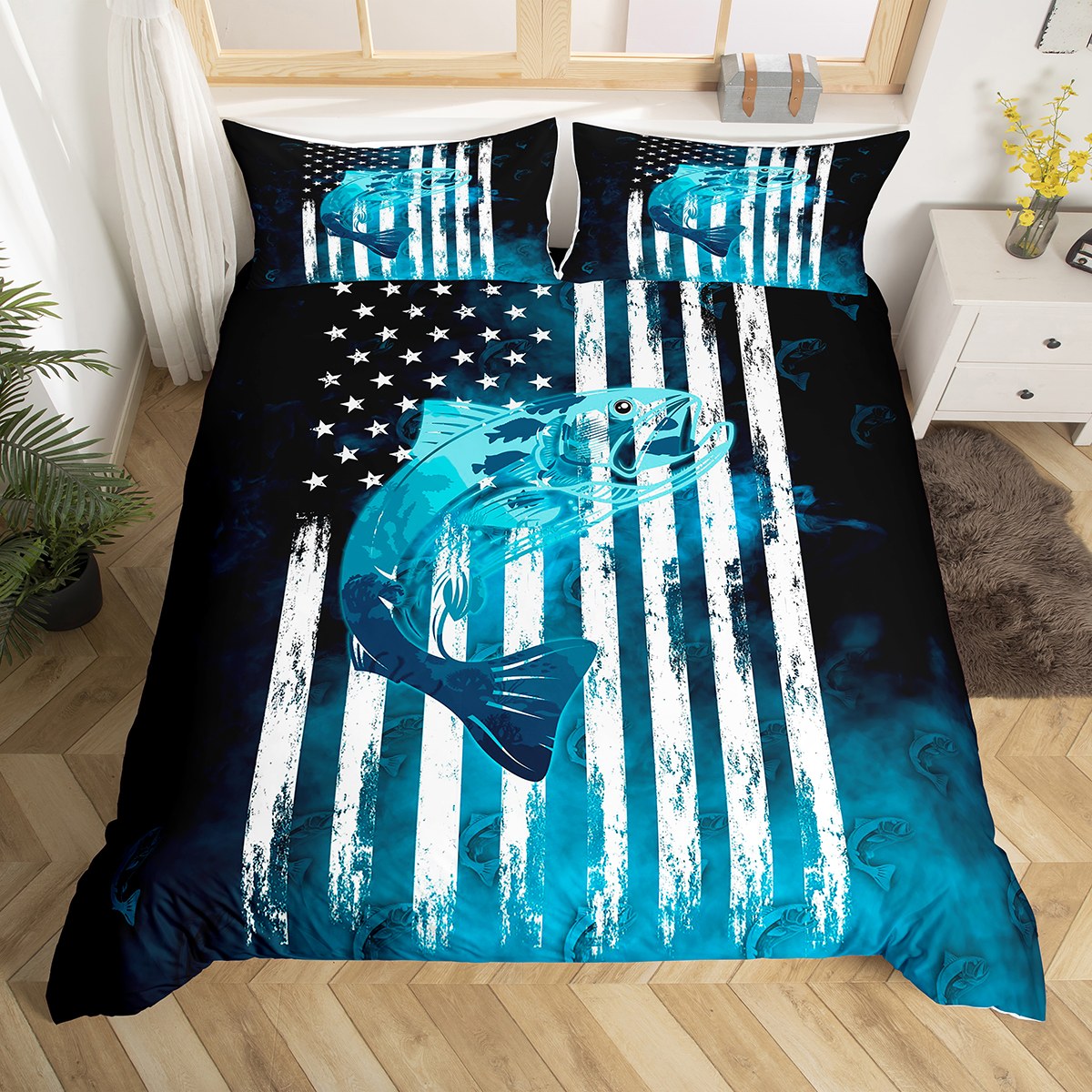 YST Big Pike Fish Duvet Cover Full Hunting and Fishing Bedding Set