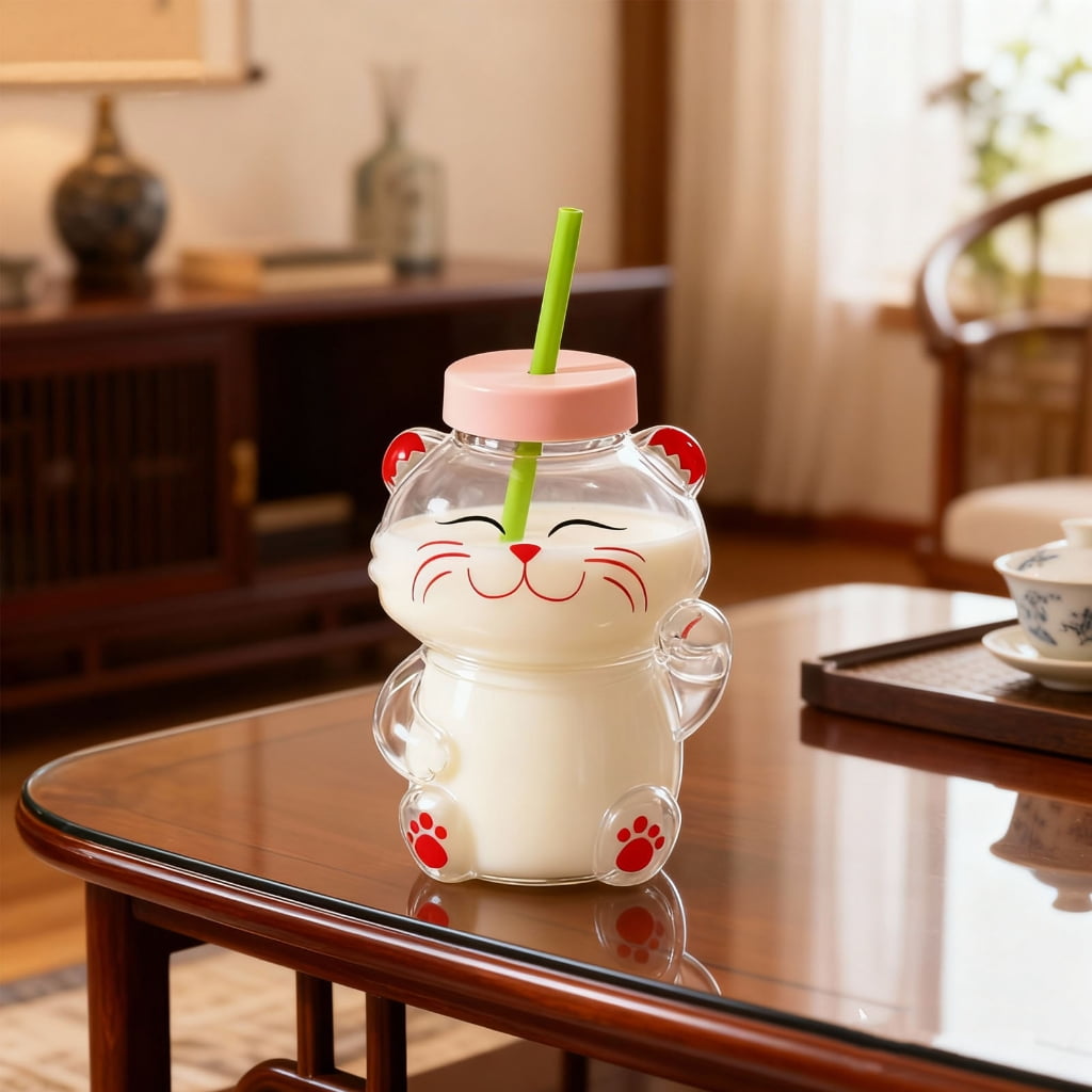 lanema Safe Glass Bear Cup With Straw Spill Resistant Cover For Kids Adults