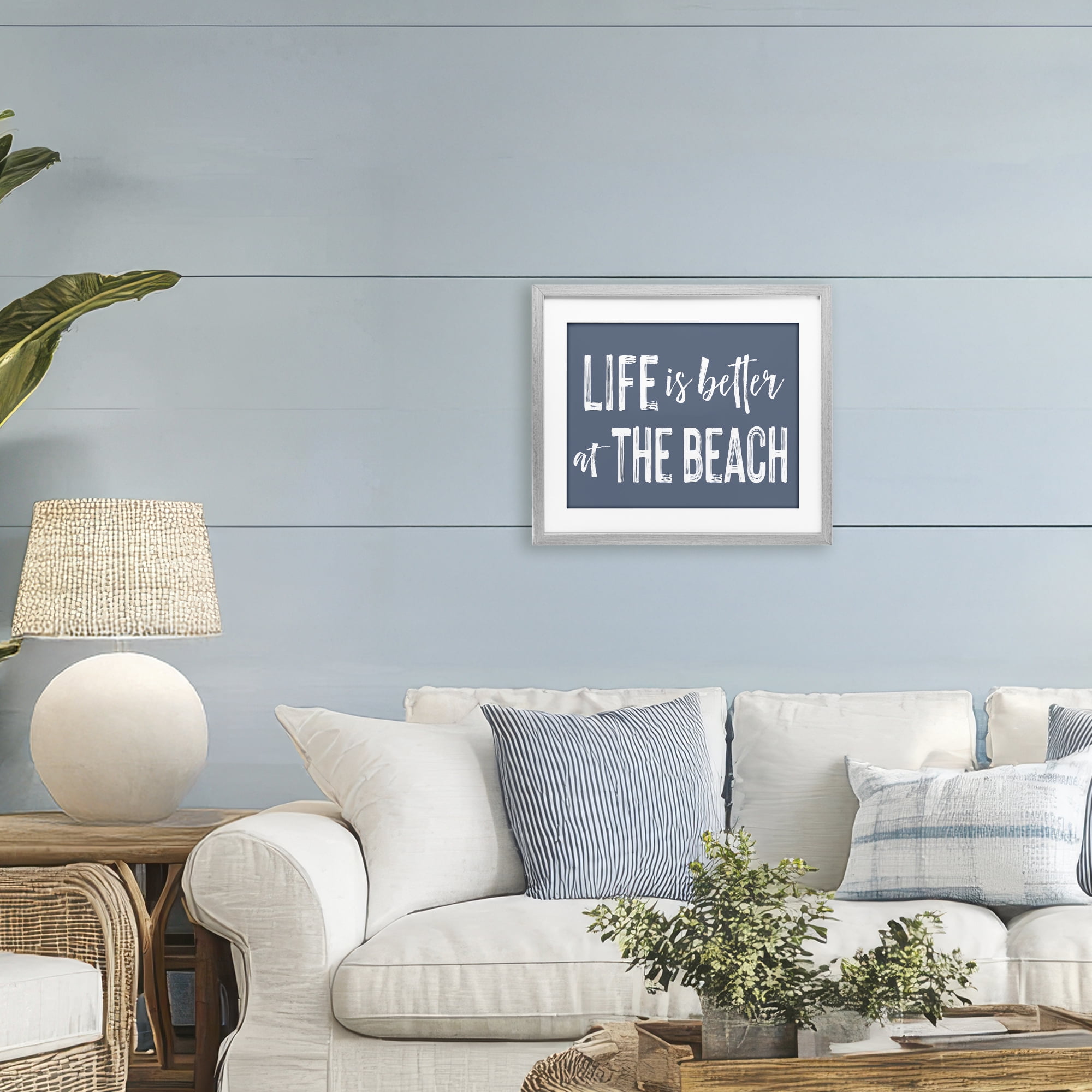 Life Better At Beach Blue Gray Framed Print Under Glass, design by Lettered and Lined