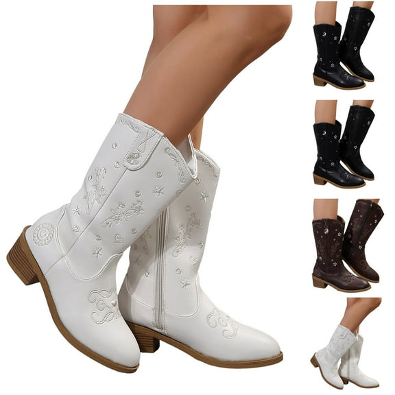 Dakaela Western Mid Calf Boots for Women Flower Cowboy Cowgirl Booties Side Zipper Chunky Heel Walking Boot