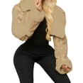 thumbnail image 3 of Women'S Cropped PU Leather Jacket with Fur Lining and Shearing Moto Texture Khaki L, 3 of 8