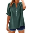 thumbnail image 3 of V-Neck T-Shirts for Women Plus Size Front Button-up 3/4 Sleeve Summer Tops Casual Loose 3 Quarter Length Sleeve Blouses Shirts with Chest Pockets New B-Blue XXL, 3 of 7