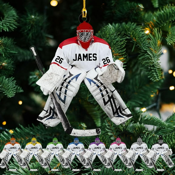 HomeDesign Personalized Hockey Christmas Ornament, Hockey Skates Helmet and Stick, Hockey Player Ornament, Hockey Ornaments, Gift for Hockey Lovers Hockey Ornament Christmas Decor (H3) (Red)