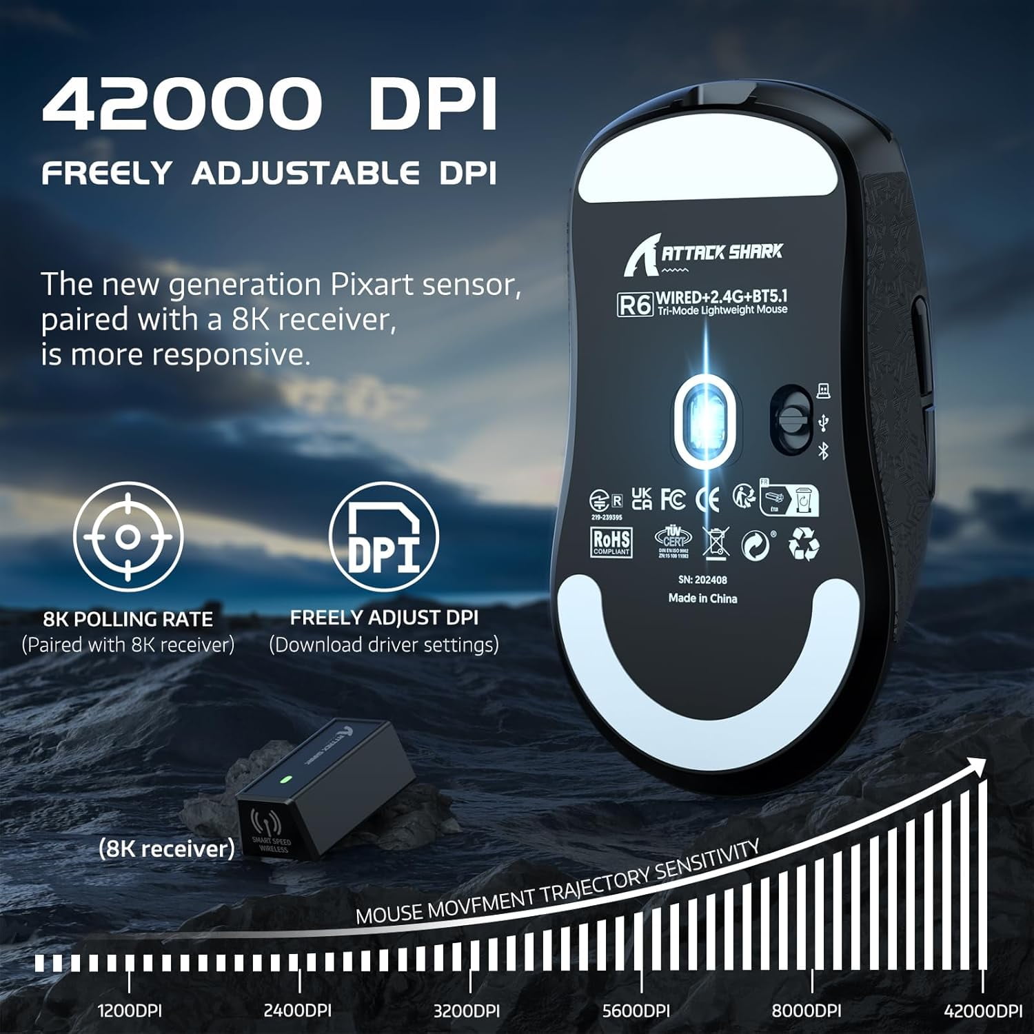 ATTACK SHARK R6 39g Superlight Optical Gaming Mouse, Wireless 8K, MCU Nodic 52840, Adjustable DPI 42000, for Win11/Xbox/PS/Mac, Black