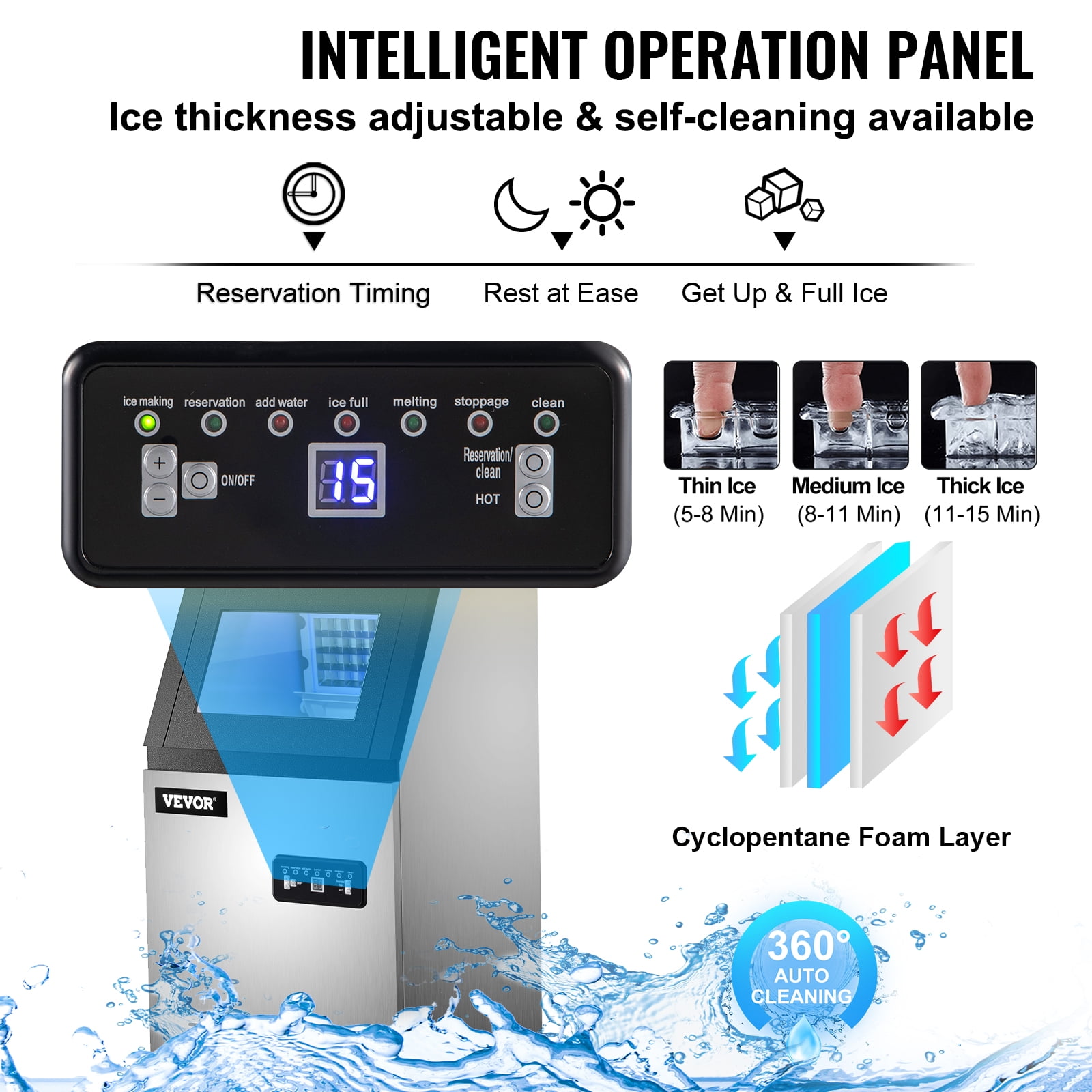 KFFKFF 110V Commercial Ice Maker 120lbs/24h with 29lbs Storage 5x9 Cubes Stainless Steel Auto Clean for Bar Home Supermarkets Includes Scoop and Connection Hose