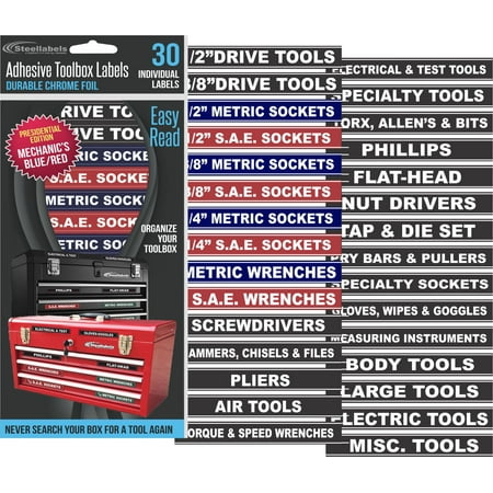 Steellabels - Tool Box Organizer Labels - Tough Foil adhesive decals for all toolboxes Craftsman, Snap-On, & Cornwell, Husky, Stack On & more - stainless, aluminum, plastic & steel (Blue)