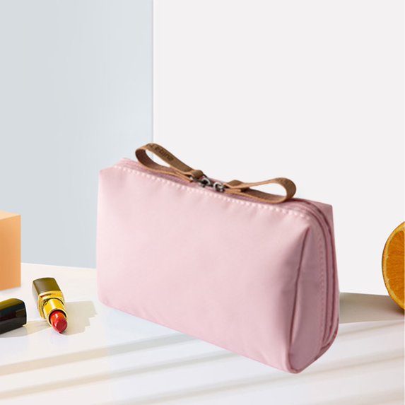 Washranp Women Cosmetic Bag,Solid Color Nylon Waterproof Large Capacity Oblong Shape Travel Toiletry Bag with Double Zippers and Dividers for Storage Organizer Tool