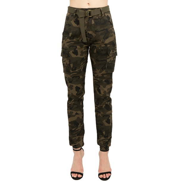 Love Moda Women's Slim Fit Camouflage Cotton Belted Jogger Pants (Olive ...