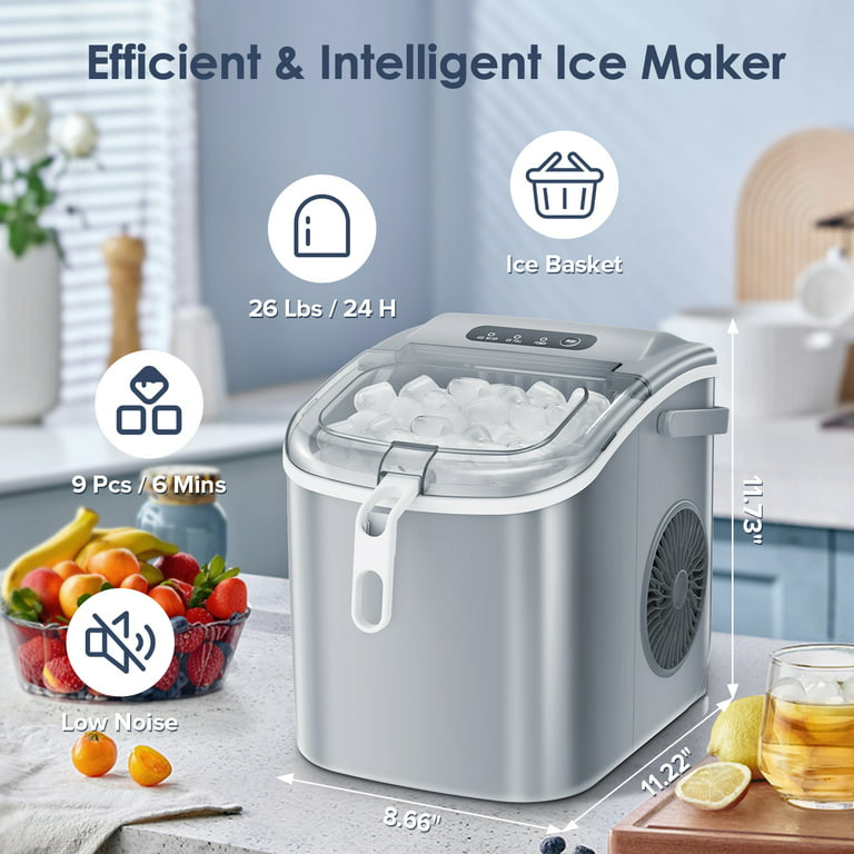 EUHOMY Ice Maker Countertop Machine - 26 lbs in 24 Hours, 9 Cubes Ready in  8 Mins, Electric ice maker and Compact potable ice maker with Ice Scoop and