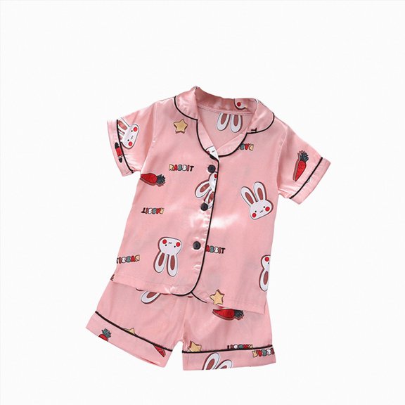 NIEWTR Kids 2 Piece Outfits Toddler Baby Girls Spring Summer Cartoon Print Short Sleeve Sleepwear Outfits Pajamas Clothes