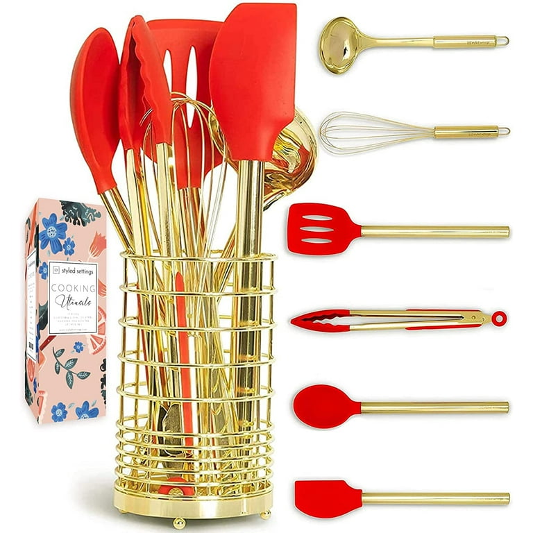 Styled Settings Gold & Red Silicone Kitchen Utensils Set with Holder
