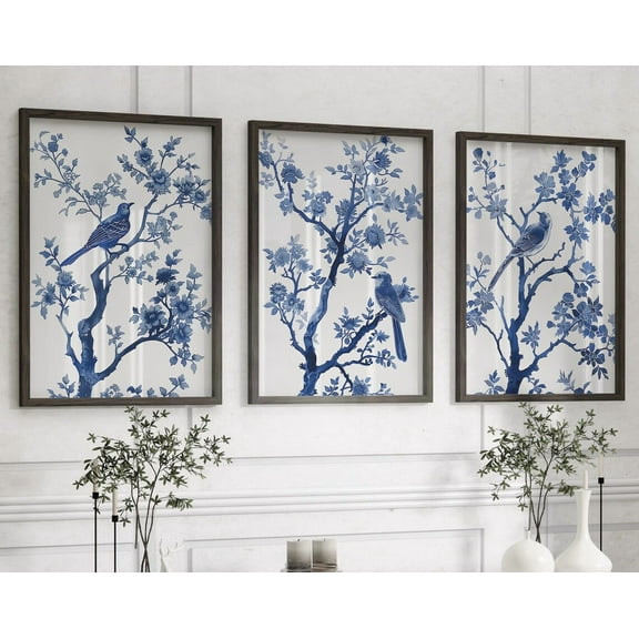 Luvia Blue Chinoiserie Set Of 3 Prints Chinoiserie Vintage Blue Floral And Bird Chinoiserie Porcelain Pattern Art 241057, Modern Wall Decor Set 3 Prints 8x12 UNFRAMED