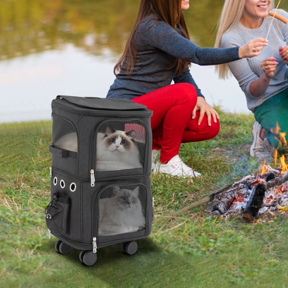 1 PCS Black Double-Compartment Pet Rolling Carrier, Pet Carrier with Wheels, Pet Trolley Bag, Max. Load Capacity: About 10kg/ 22.05 lbs
