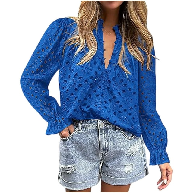 Timegard Womens Tops V Neck Button Hollow out Blouse Casual Ruffle Long Sleeve Shirts Tops Solid Color