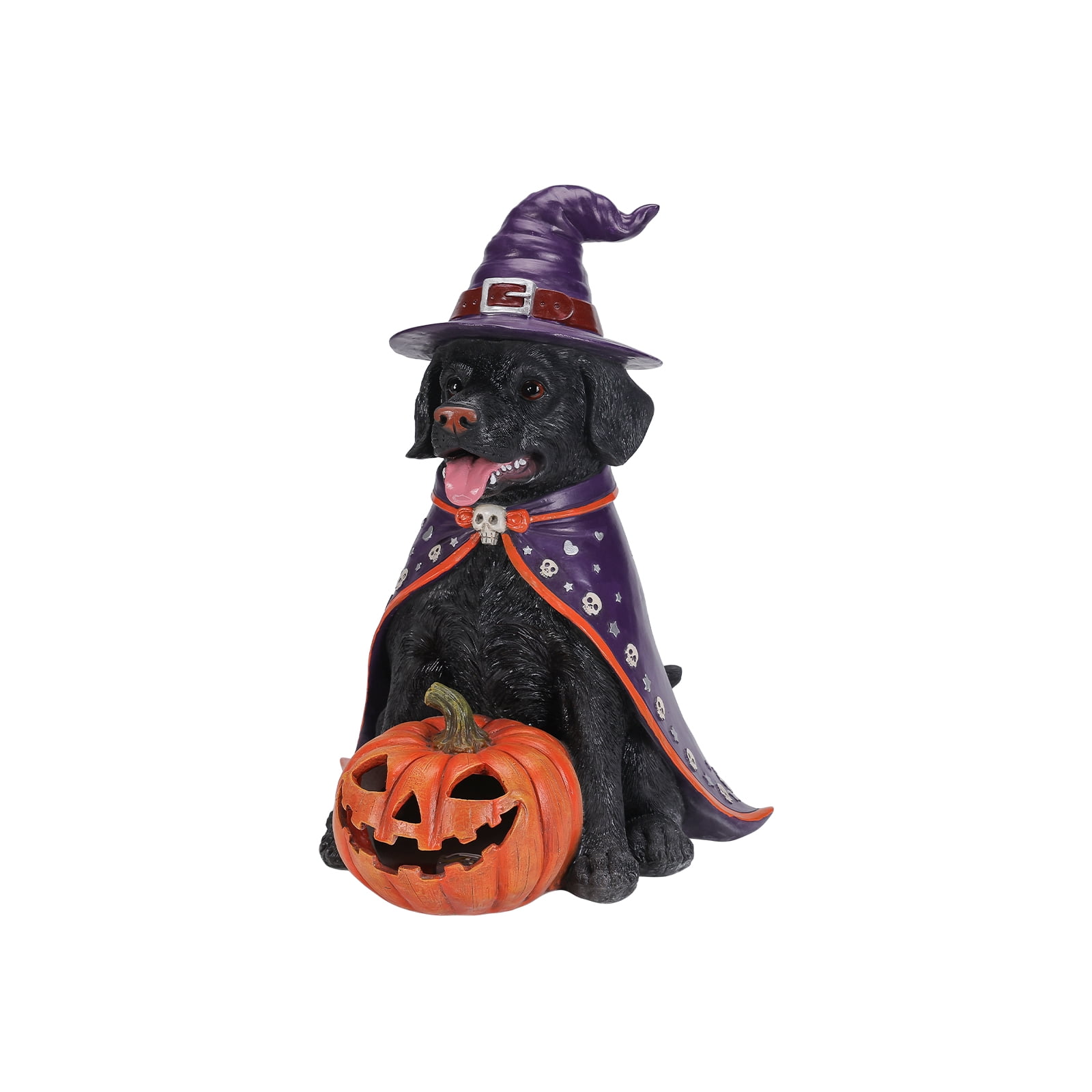 Black Labrador Witch Halloween Statue, LED Light-Up Pumpkin, Resin Sculpture, Seasonal Decor