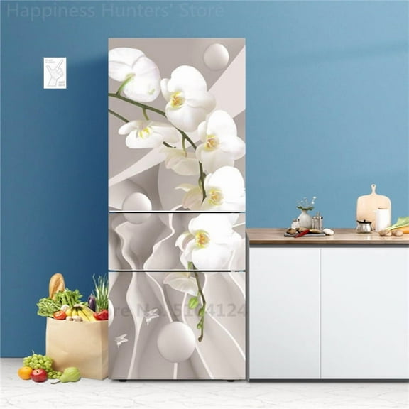 White Flowers Fridge Sticker Self-Adhesive Vinyl Custom Service Wallpaper Refrigerator Door Cover Fu