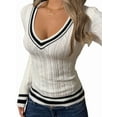 thumbnail image 2 of Women'S Striped Cable Knit Preppy Sweater Tops V Neck Long Sleeve Pullovers Slim Fit Knitwear White L, 2 of 9
