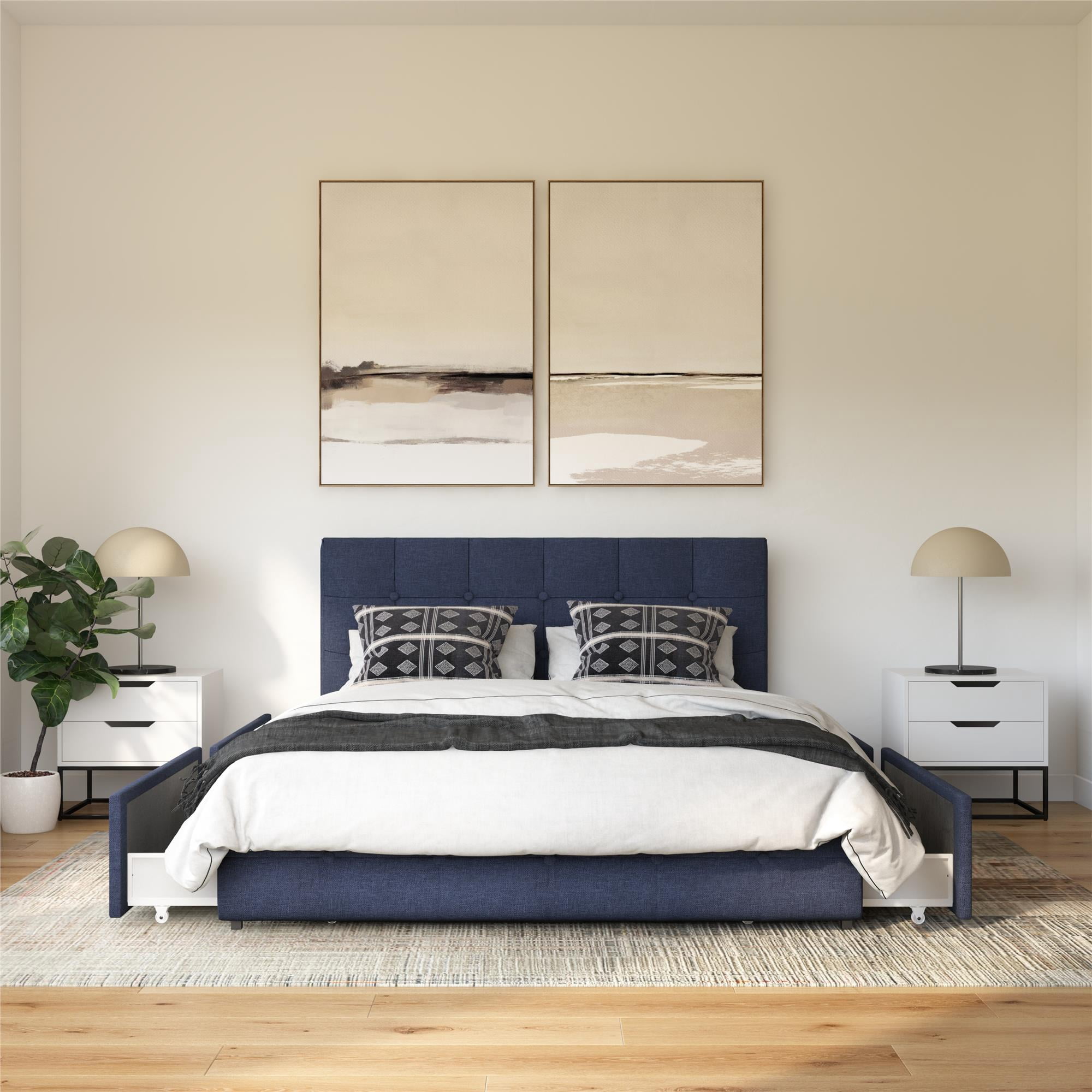 DHP Rose Tufted Upholstered Storage Bed Frame, Queen, Blue Linen