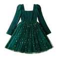 thumbnail image 4 of Razzly Child Girls Long Sleeve Dress with Bow Star Sequin Netting Holiday Party Formal Occasion Winter Fall Outfit for Toddler Kids 3-7 Years(Green,6-7 Years), 4 of 8