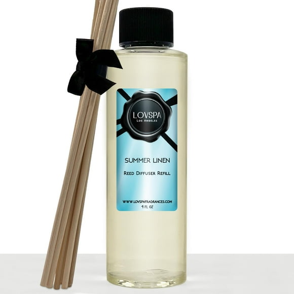 LOVSPA Summer Linen Reed Diffuser Oil Refill with Replacement Reed Sticks - Lemon Grapefruit Aloe Lavender and Golden Amber - Natural Essential Oils - Made in The USA