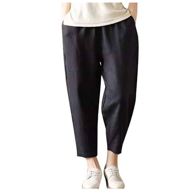 VEKDONE Cotton Linen Capris for Women Elastic Waisted Solid Color Tapered Ankle Pants Casual Plus Size Capri Pant with Pockets Black M