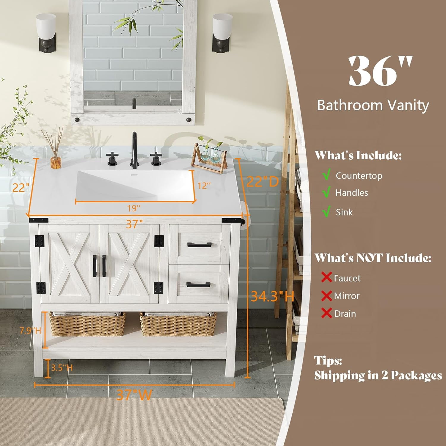 Merluxy Farmhouse Bathroom Vanity with Sink,Wood Barn Door Freestanding Bath Storage Cabinet,White