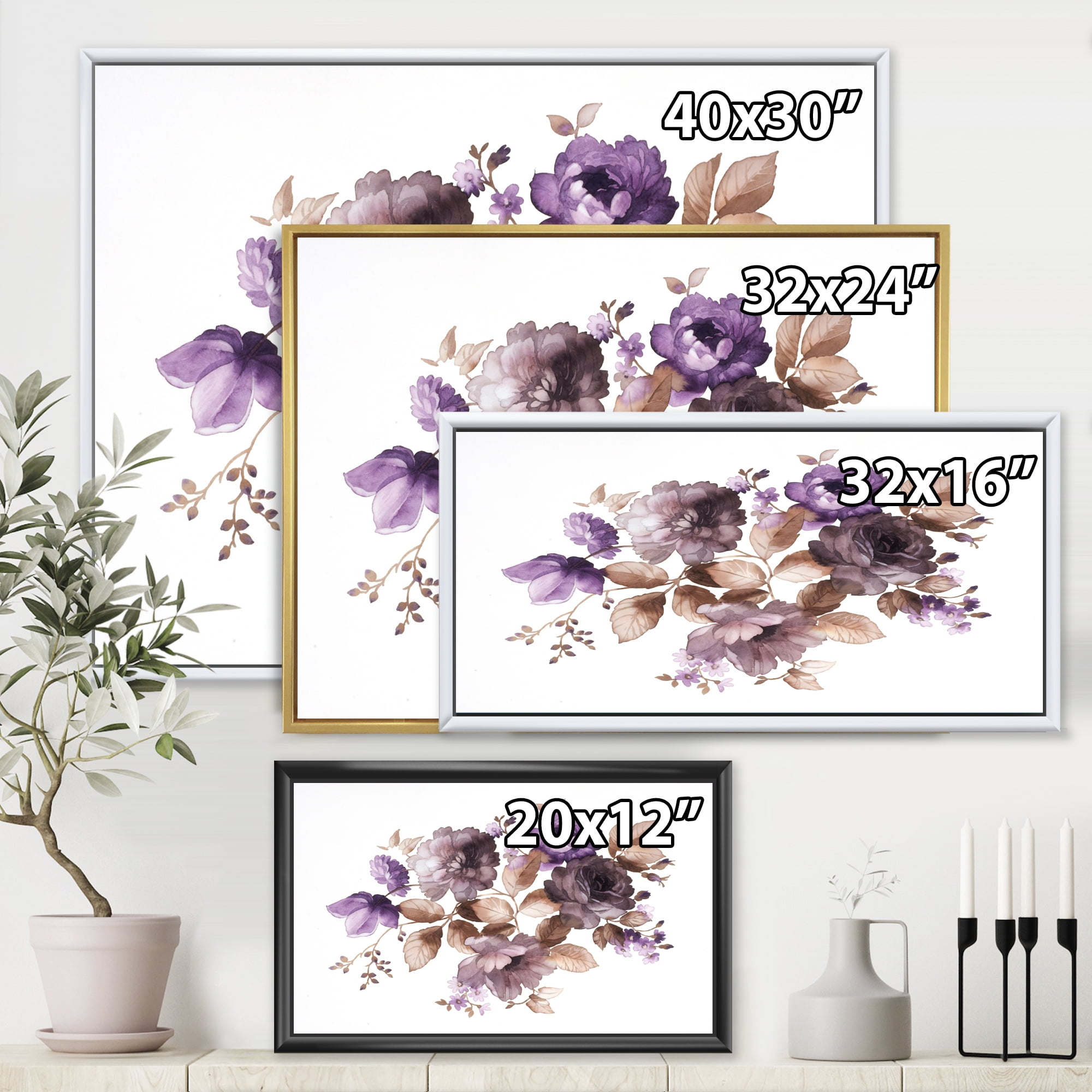 Designart 'Purple Retro Flowers With Brown Leaves On White' Traditional Framed Canvas Wall Art Print