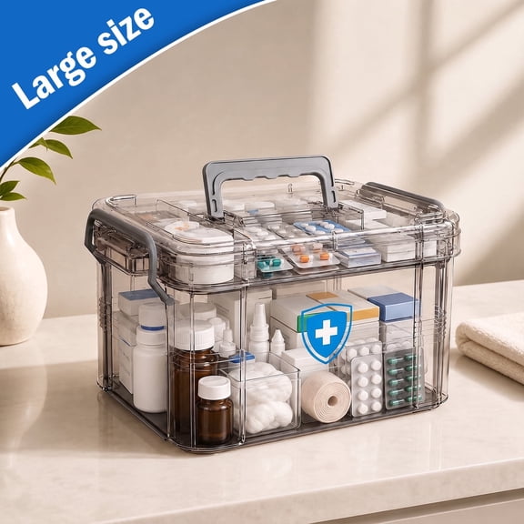 2-Tier Medicine Organizer, Portable Plastic Medical Box with Handle, Dual-Layer Storage Case for Pills and First Aid Supplies at Home
