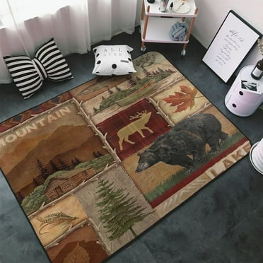 Bear Moose Deer Pattern Area Rug Retro Rustic Lodge Rugs Living Room For Bedroom Dining Home Office Soft Rugs Carpets-1