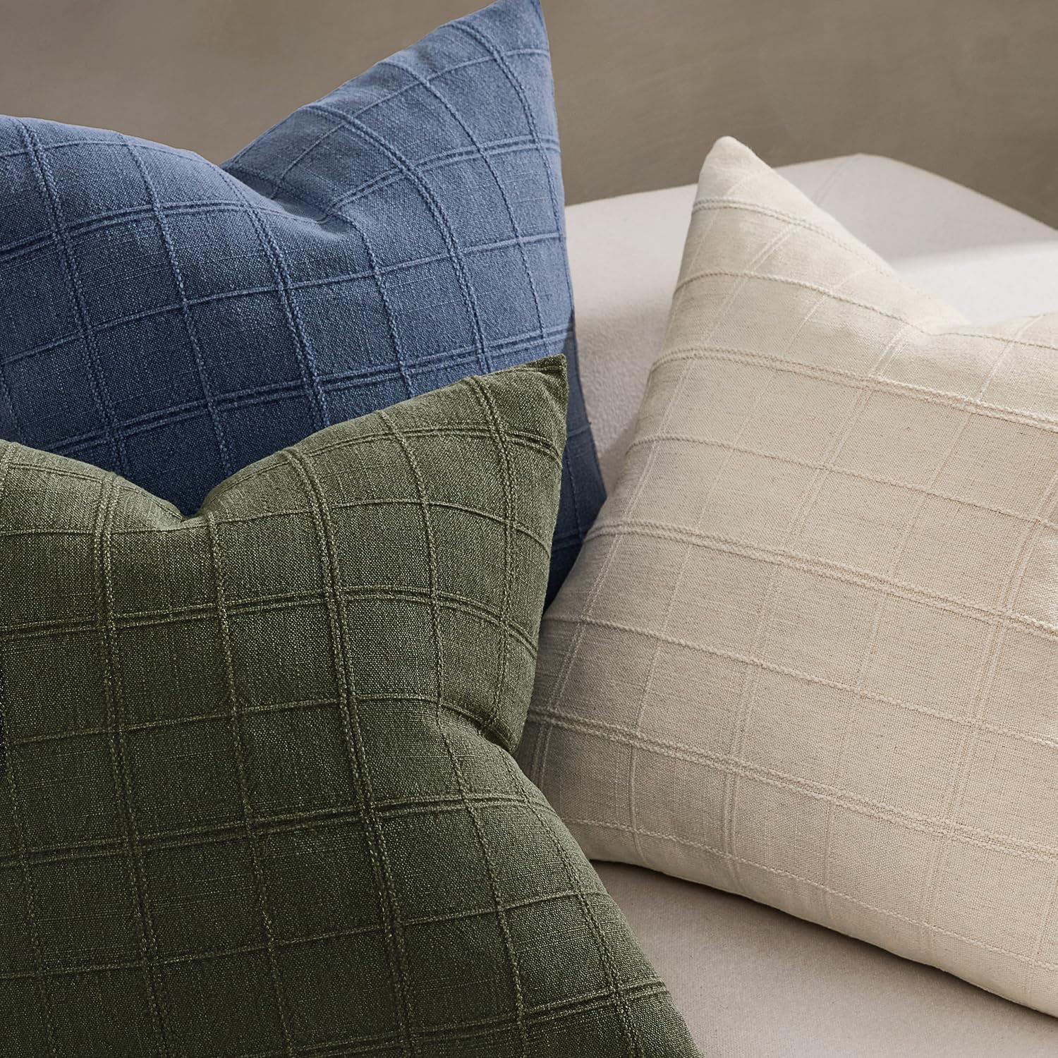 Linen Check Throw Pillow Covers Set of 2 - Natural Beige Farmhouse Modern Boho Vintage Decorative Cushion Covers for Sofa Couch Bedroom Living Room Decor（no pillow inset）