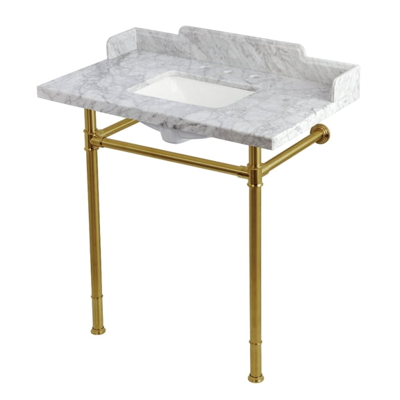 Kingston Brass KMS36227M8SQ7 Wesselman 36-Inch Carrara Marble Console Sink with Stainless Steel Legs (8-Inch, 3-Hole) in Carrara Marble White/Brushed Brass