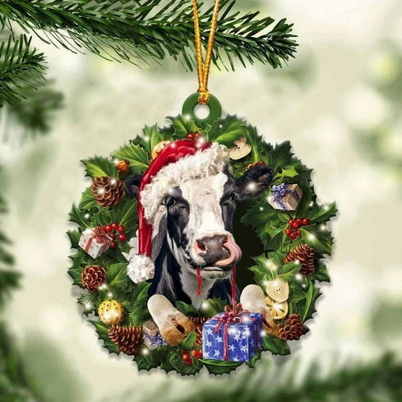 Acrylic 2D FLAT - Cow and Christmas Wreath Ornament gift for Cow lover ornament - Holiday Tree Decoration