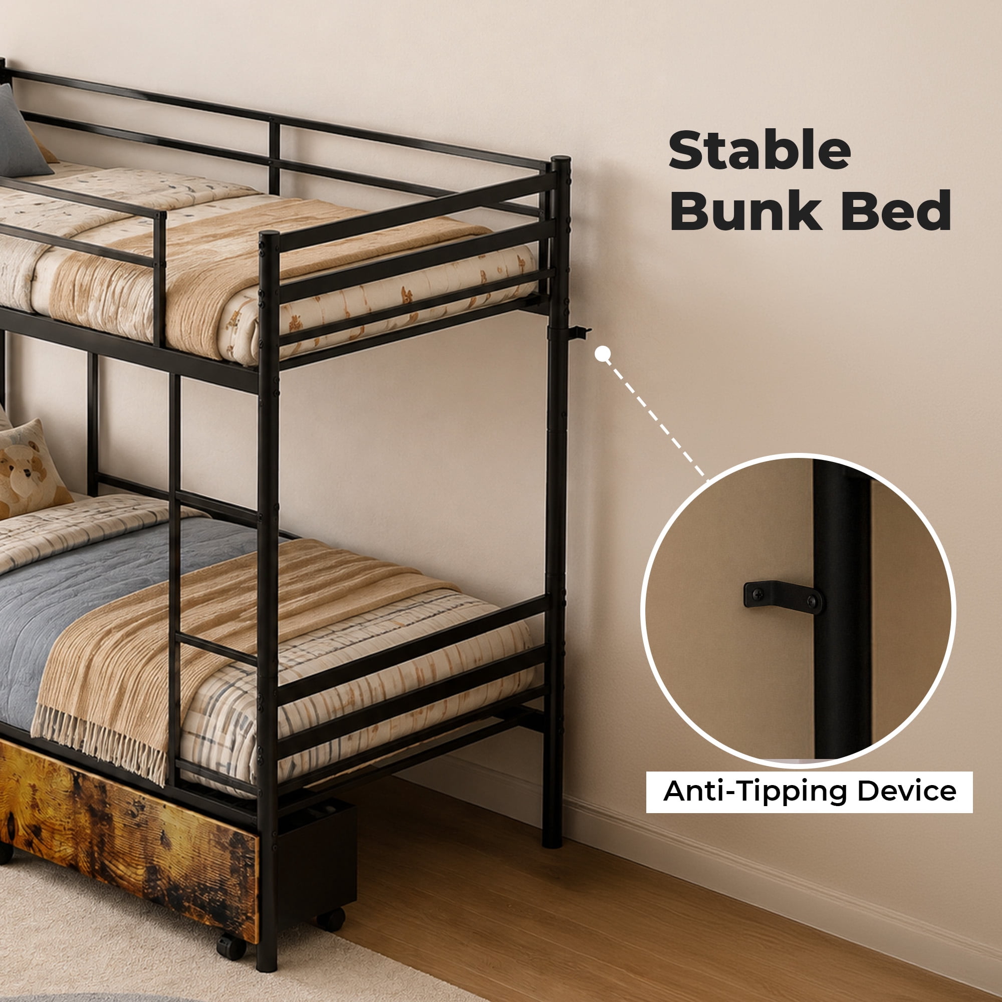 Alvantor Bunk Bed Twin over Twin for Kids, Metal Bunk Bed with Drawers Black