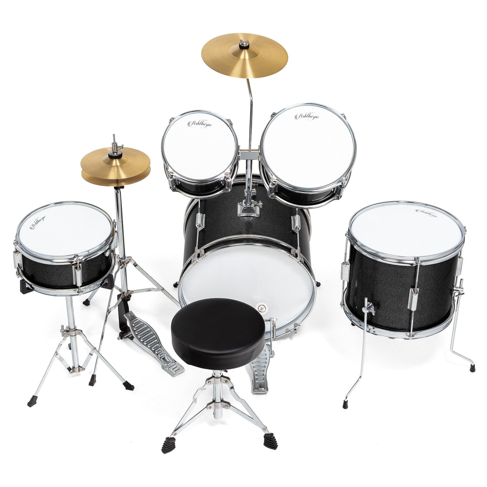 Ashthorpe 5-Piece Complete Junior Drum Set with Brass Cymbals and Drummer's Throne - Black