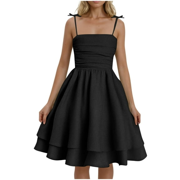 RYRJJ Women's Smocked Ruched A Line Swing Dress Tie Shoulder Spaghetti Strap Double Layered Flowy Cami Dress Sleeveless Cute Sundress(Black,XL)
