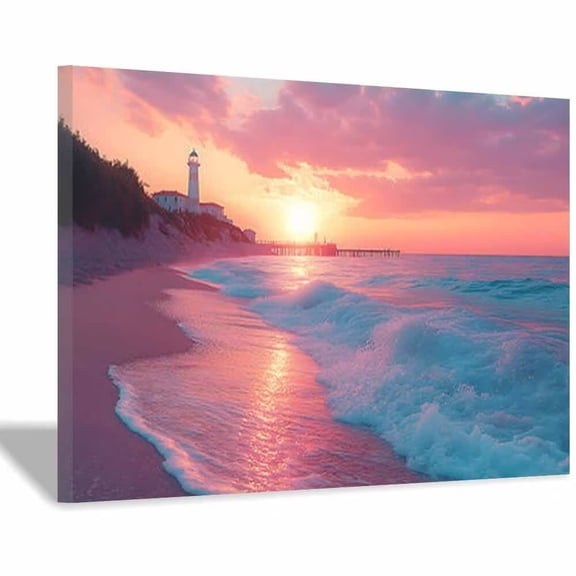 Pink Purple Lighthouse Beach Canvas Wall Art,Coastal Landscape Prints Poster,Aesthetic Wall Decor for Living Room Bedroom Bathroom,Ready to Hang-30"L x 20"W