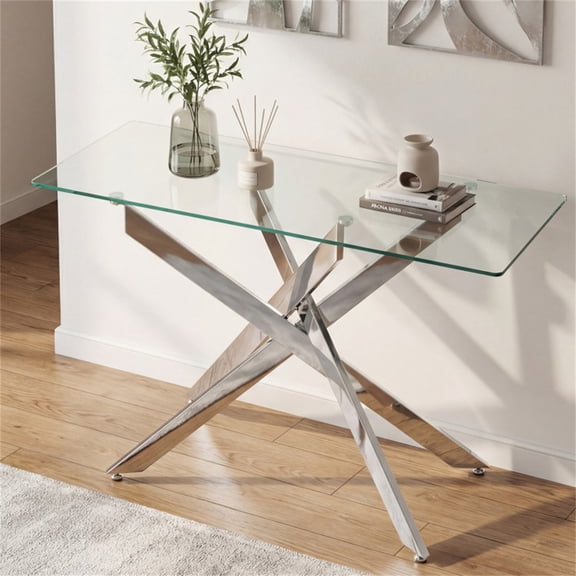 45 Inch Tempered Glass Entryway Table Silver Chrome Metal Console Table with Adjustable Feet Modern Sofa Couch Table for Living Room Hallway Home Decor