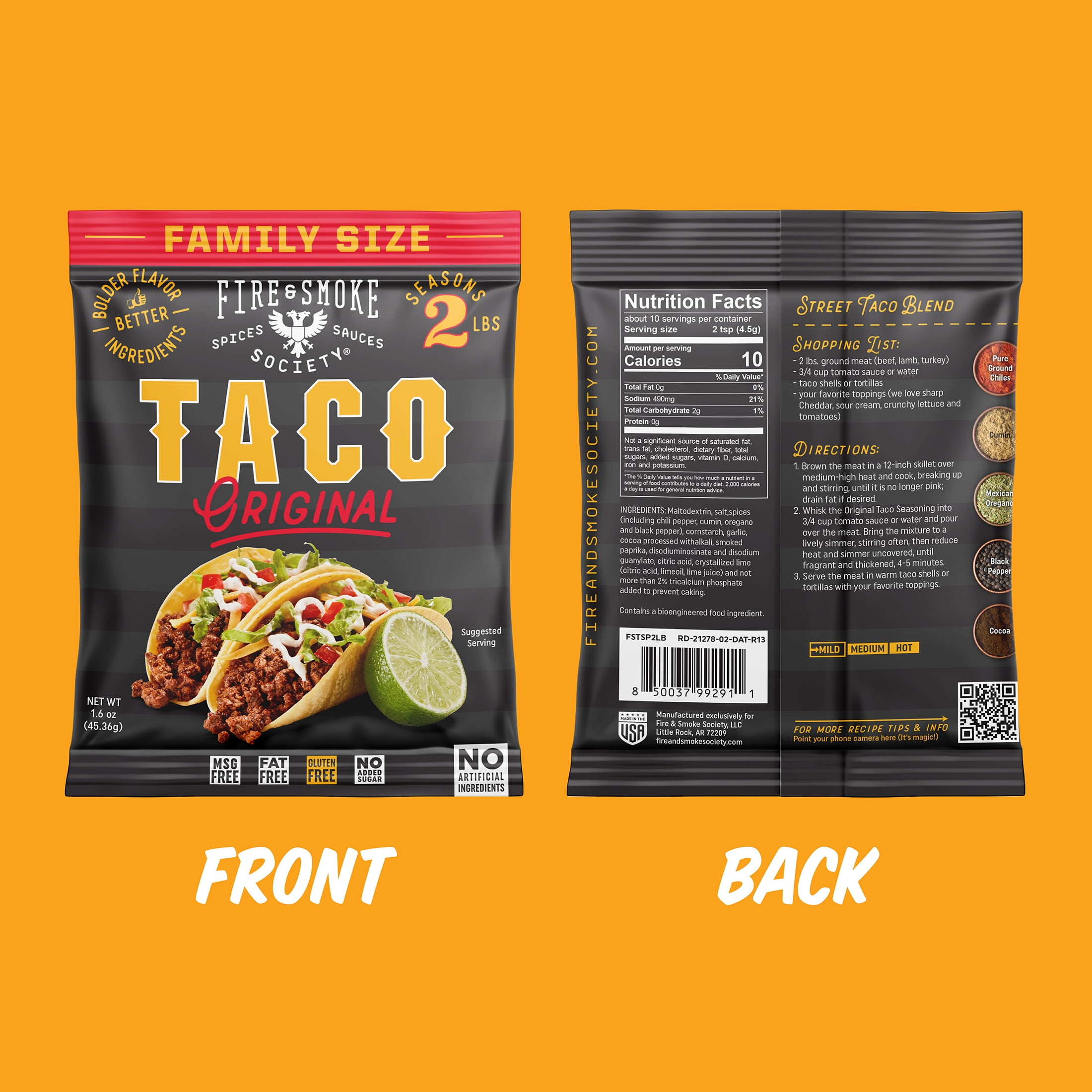Fire & Smoke Society Family Size Taco Seasoning Mix 1.6 oz, Seasons 2 lbs, Mixed Spices & Seasonings