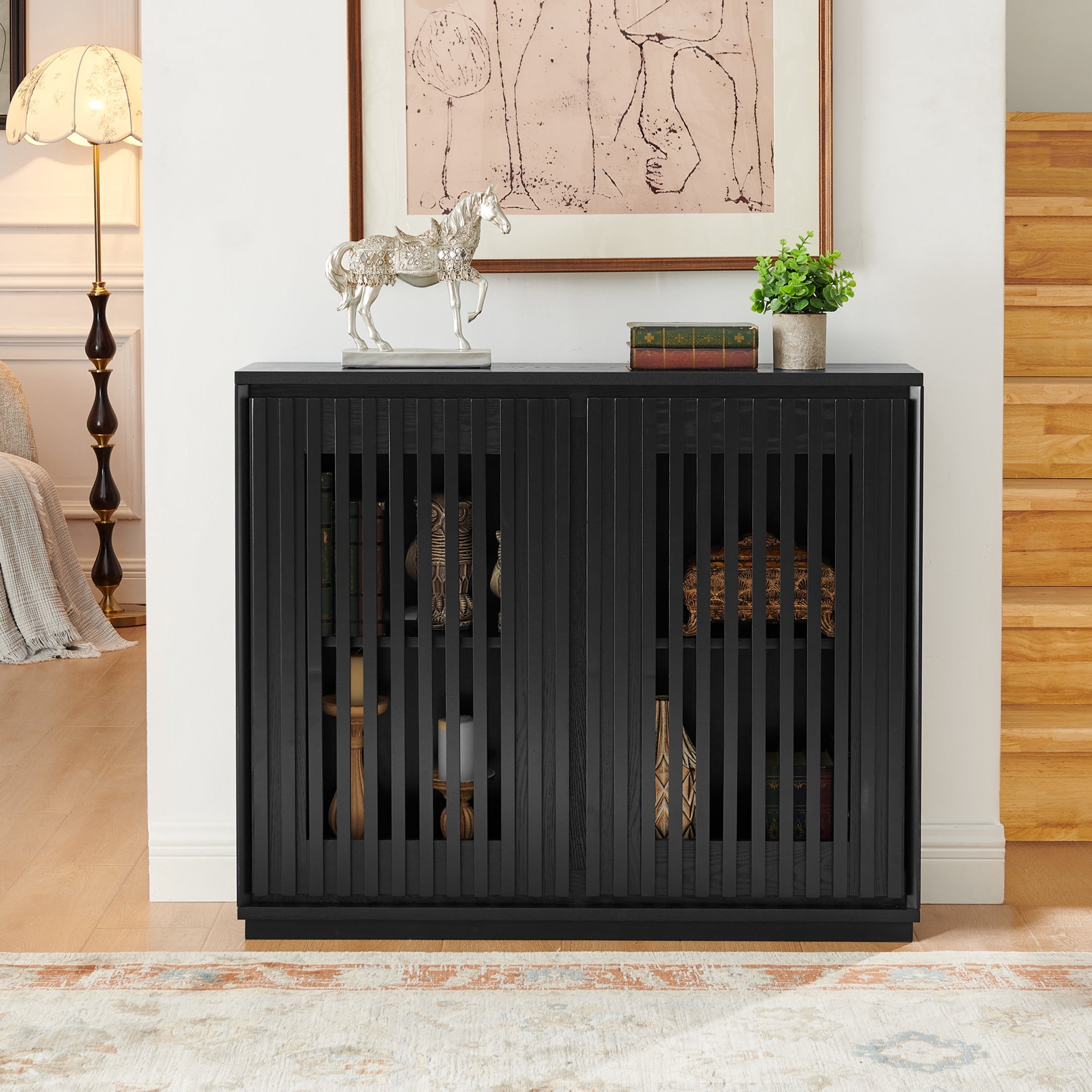 Noble House Mid-Century Fluted Sideboard Buffet Cabinet with Hollowed Solid Wood Doors, Adjustable Storage, Black