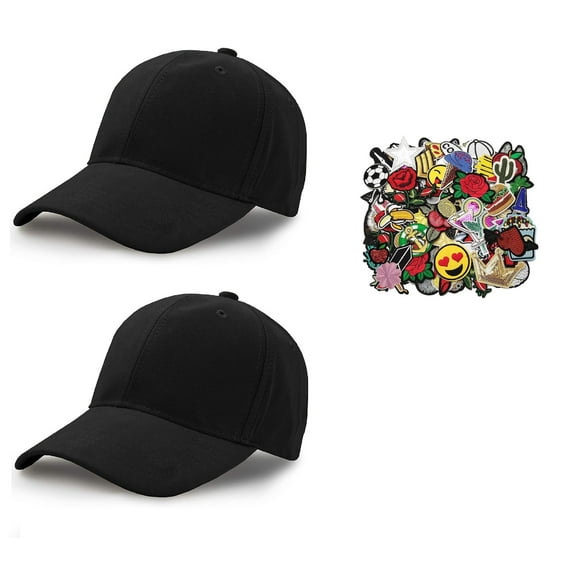 Solid Black Baseball Cap Hat with Adjustable Buckle Back, Unisex (Pack of 2) with 20 Assorted Iron On Patches