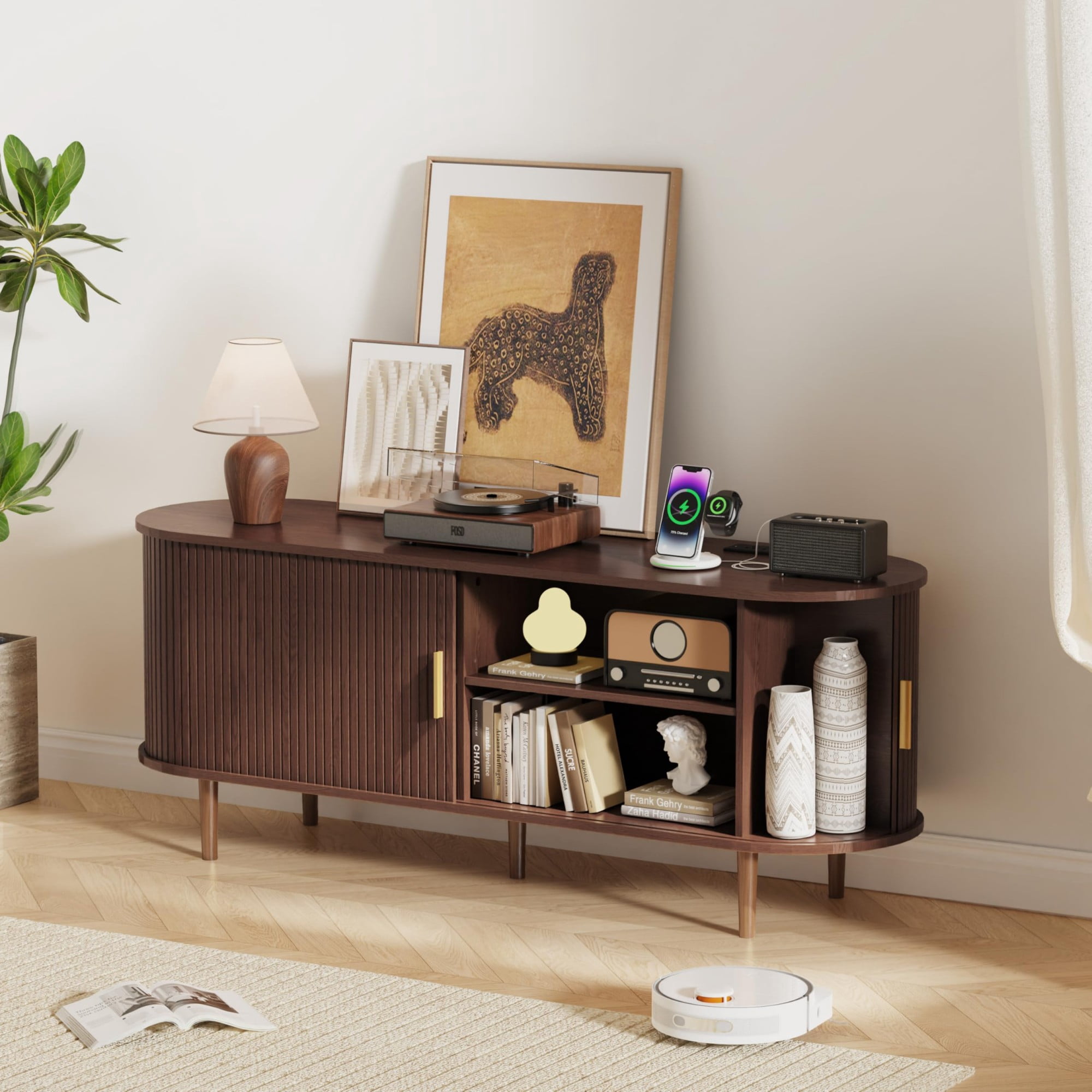 55 Inch Mid Century Modern TV Stand with Power Outlet, Fluted Media Console with Sliding Doors for TVs up to 60 Inch, Walnut