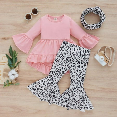 

3PCS Baby Girl T-Shirt Lotus Leaf Trumpet Sleeve Hem Tops+Leopard Flared Pants Headband Casual Infant Overalls Autumn Clothes