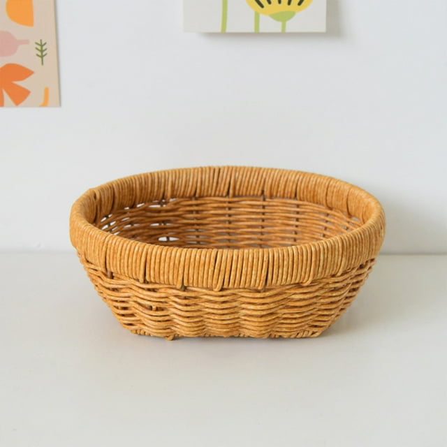 Cane Woven Storage Basket Handwoven Fruit Snack Tray Tabletop Organizer Decorative Serving Basket Dried Fruit Candy Holder Breathable Rustic Rattan Style Storage Tray for Home Kitchen Living Room Use