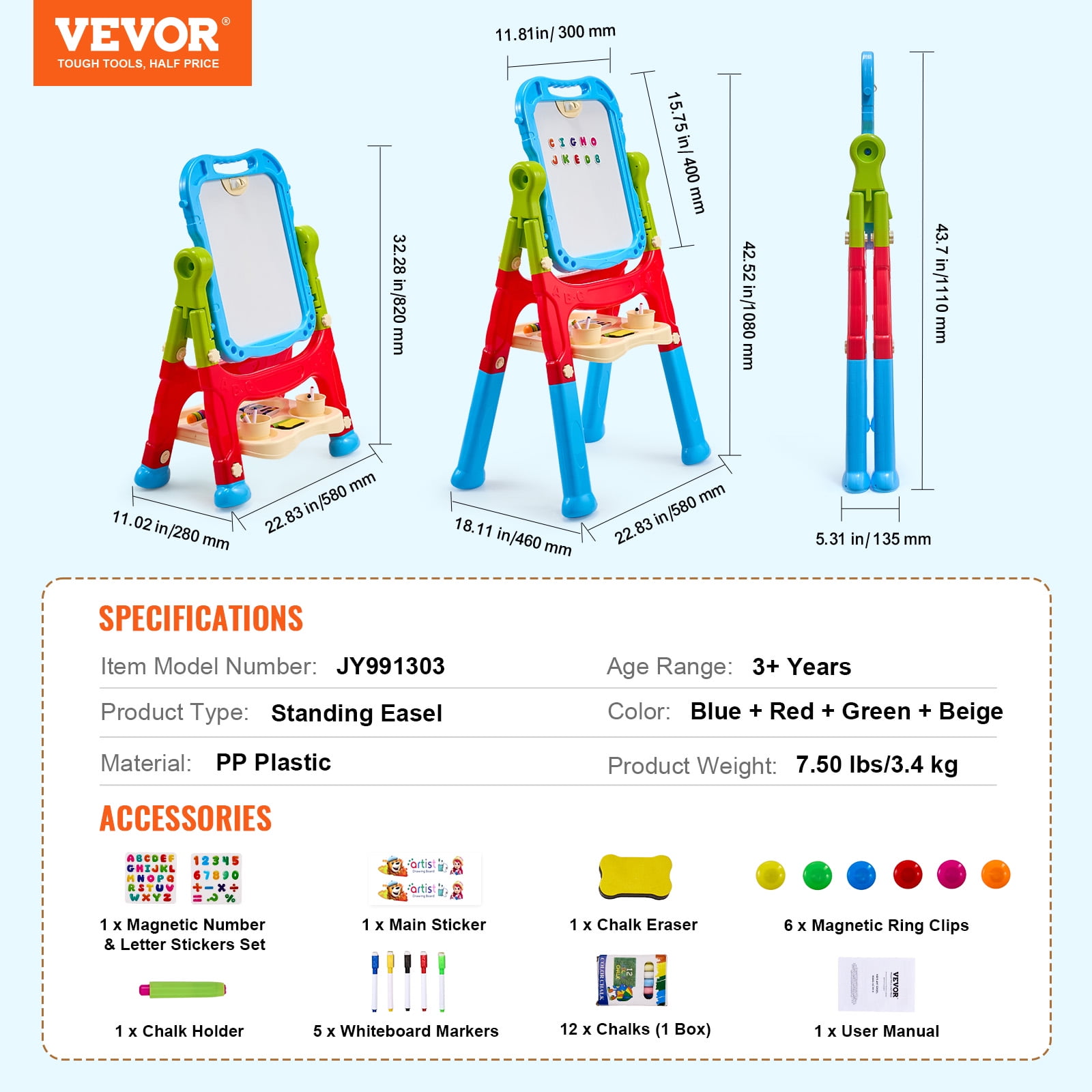 VEVOR Art Easel for Kids, 2-in-1 Double-Sided Kides Art Easel with Magnetic Whiteboard & Chalkboard, Adjustable Standing Rotatable Removable Drawing Board with Painting Accessories for Boys and Girls