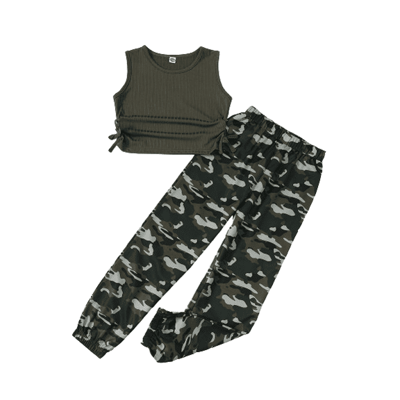 Mikrdoo 2Pcs Solid Color Ribbed Sleeveless Crew Neck Top Camouflage Jogger Pants Set For Girls, Versatile Street Walking Set Vacation Summer Gift 7-14