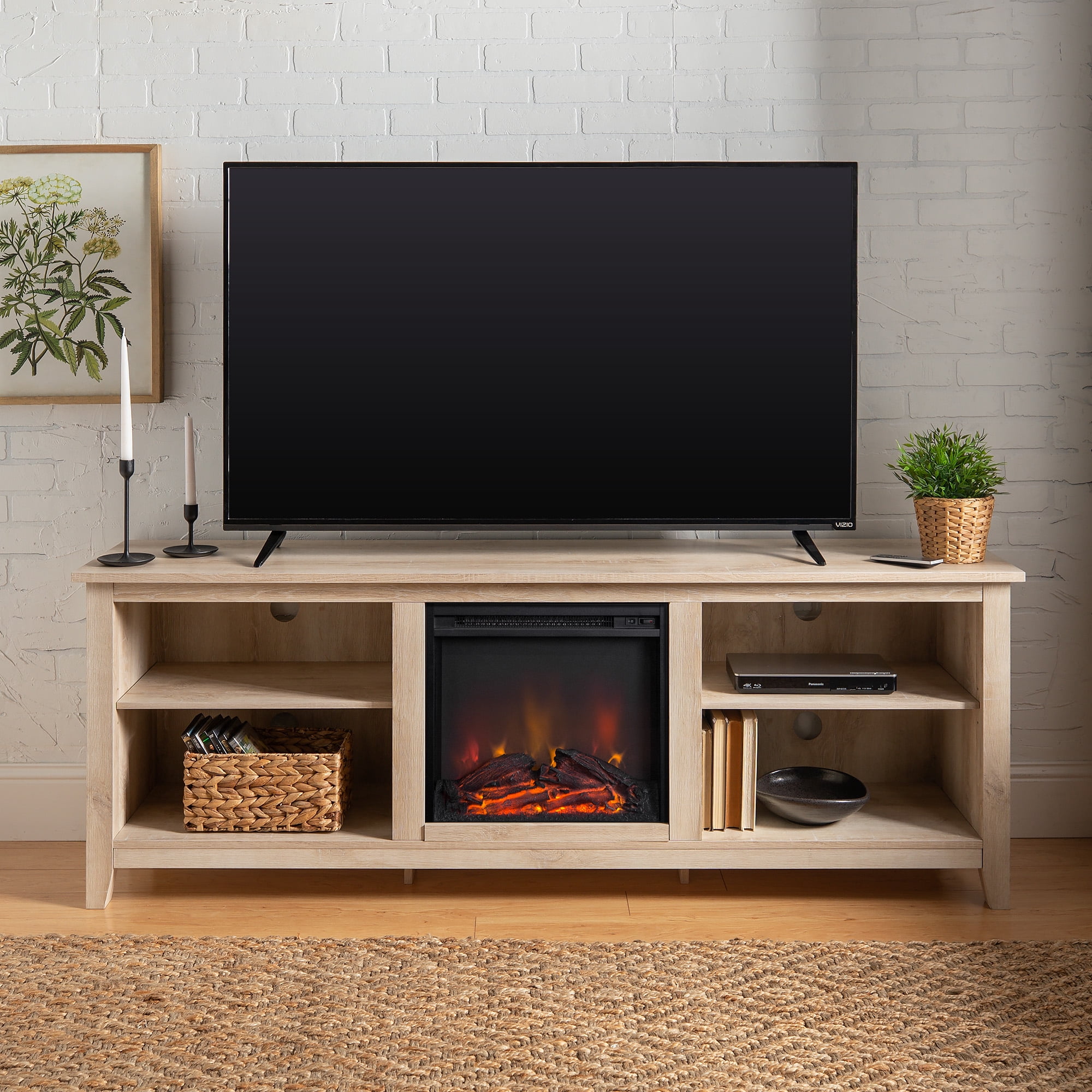 Woven Paths Open Storage Fireplace TV Stand for TVs up to 80", White Oak