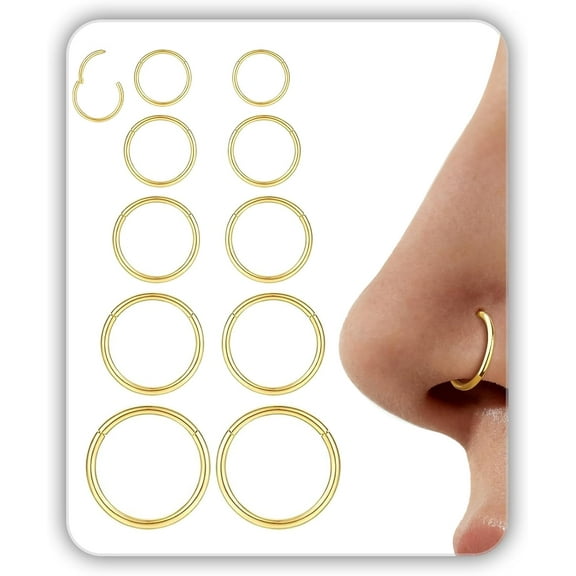 Hypoallergenic 10PCS 16G Large Nose Rings Hoops Set for Women Men, 316L Surgical Stainless Steel Nose Hoops Hinged Clicker Earrings for Nose Cartilage Body Piercing Jewelry 8/10/12/14/16mm