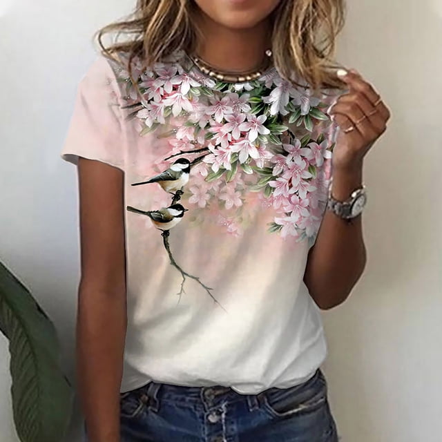 ICHUANYI Clearance Women's Fashion Tops Printe Casual Loose Fit Tee Shirts Blouse Print Round-neck Shirt(Pink, XXL) ICHUANYI WER2023080907196
